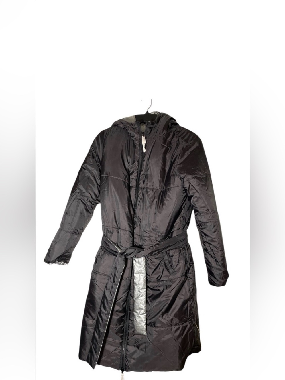 Reversible Metallic Silver Black Puffer Coat Hooded Tie Waist NWT